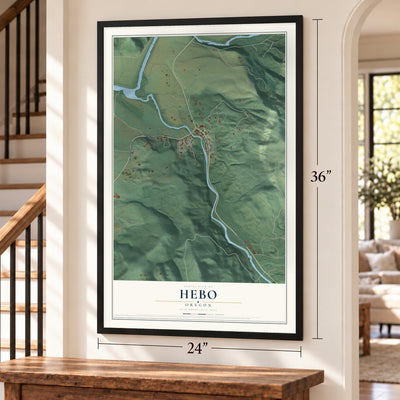 Hebo, Oregon map, 24 x 36 inch print in a black frame by a staircase