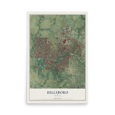 Map of Hillsboro, Oregon, 12 x 18 inch unframed archival matte print
