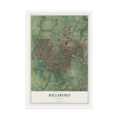 Map of Hillsboro, Oregon, 12 x 18 inch print in a white wood frame
