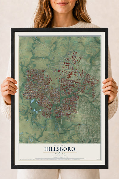 Map of Hillsboro, Oregon, 18 x 24 inch print in a black wood frame