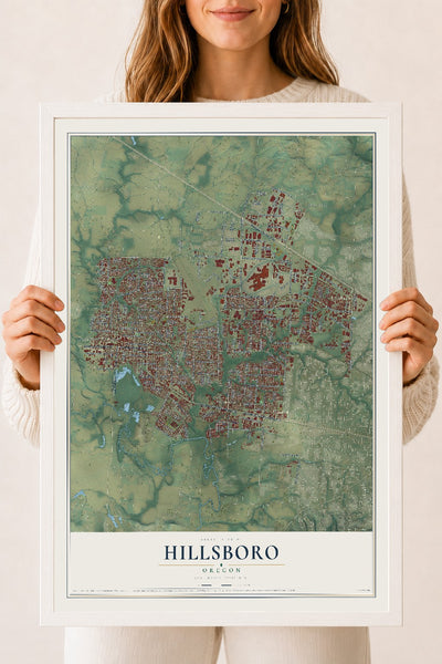 Map of Hillsboro, Oregon, 18 x 24 inch print in a white wood frame