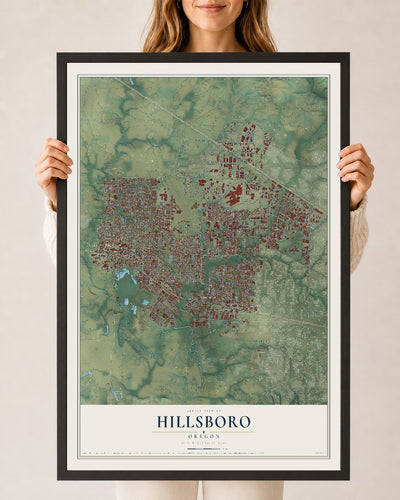 Map of Hillsboro, Oregon, 24 x 36 inch print in a black wood frame