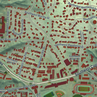 Close-up of the map of Hillsdale, Oregon print showing street and building detail
