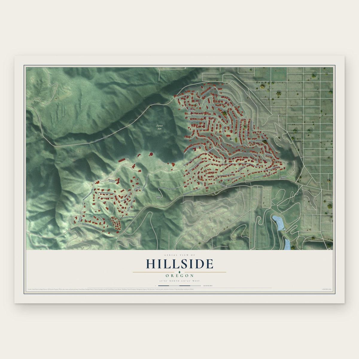 Hillside, Oregon map print, the full design
