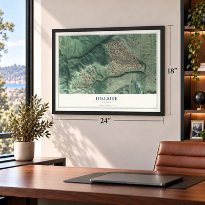Hillside, Oregon map, 18 x 24 inch print in a black frame in a home office