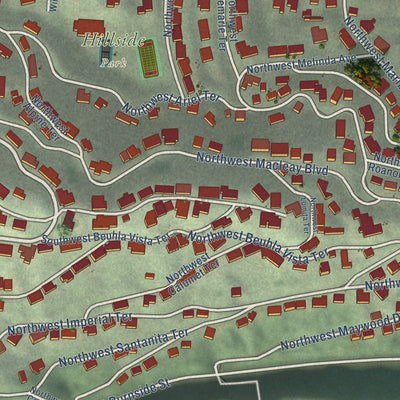 Close-up of the map of Hillside, Oregon print showing street and building detail