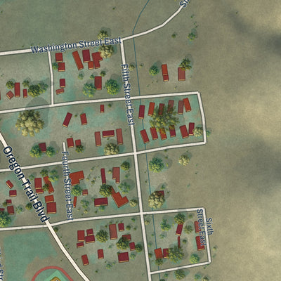 Second close-up of the map of Huntington, Oregon print showing more streets and buildings