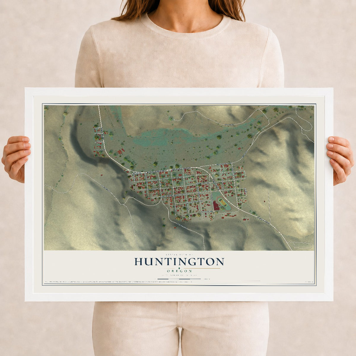 Map of Huntington, Oregon, 12 x 18 inch print in a white wood frame