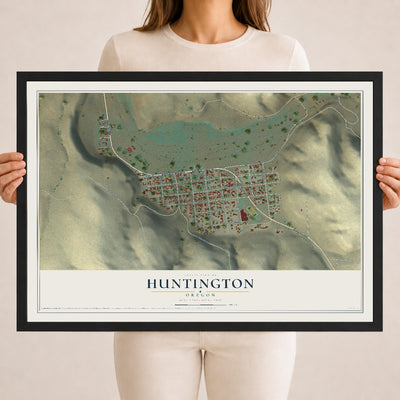 Map of Huntington, Oregon, 18 x 24 inch print in a black wood frame
