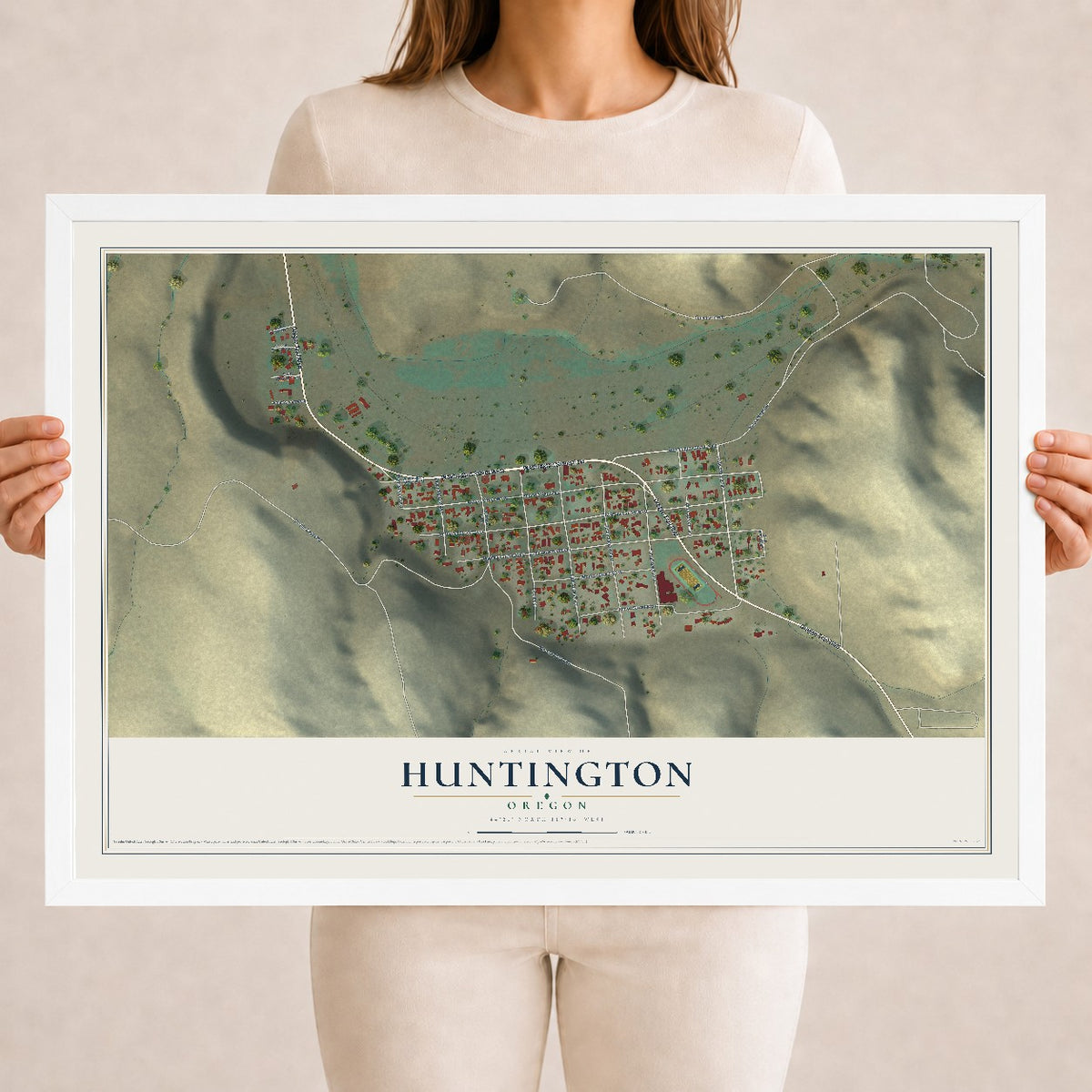 Map of Huntington, Oregon, 18 x 24 inch print in a white wood frame