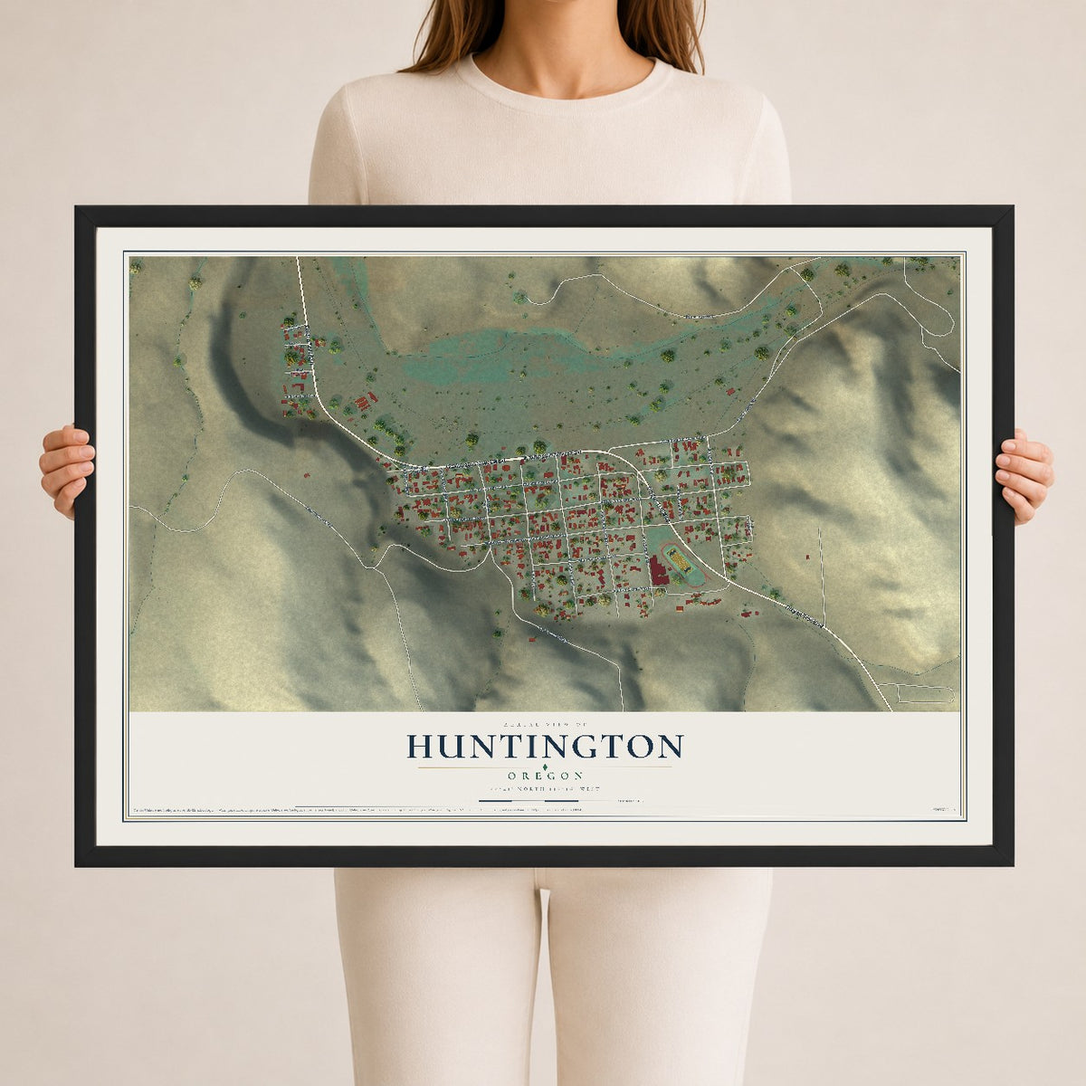 Map of Huntington, Oregon, 24 x 36 inch print in a black wood frame