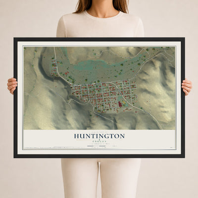 Map of Huntington, Oregon, 24 x 36 inch print in a black wood frame