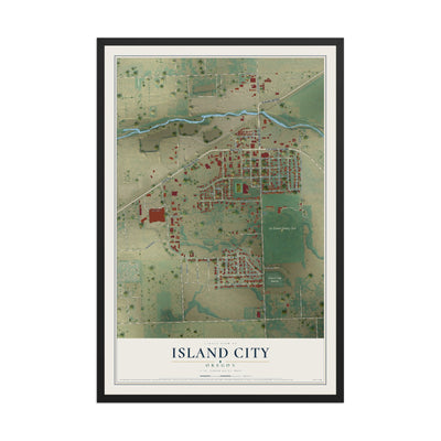 Map of Island City, Oregon, 12 x 18 inch print in a black wood frame