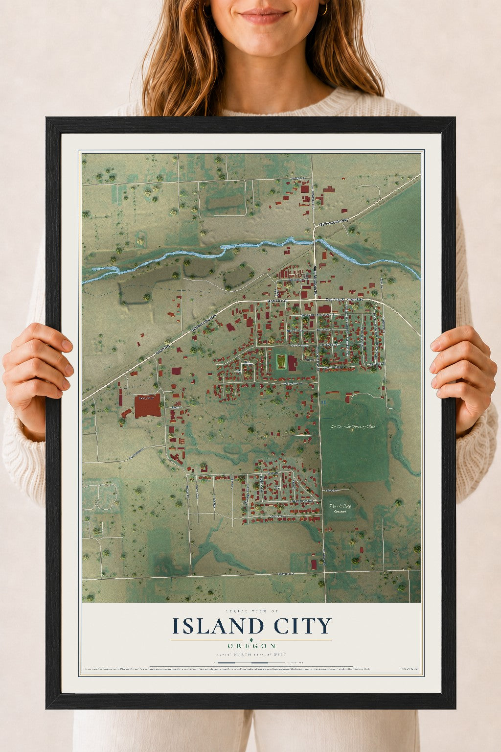 Map of Island City, Oregon, 18 x 24 inch print in a black wood frame