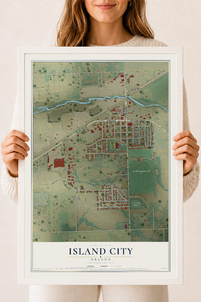 Map of Island City, Oregon, 18 x 24 inch print in a white wood frame