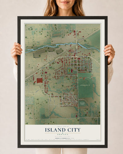 Map of Island City, Oregon, 24 x 36 inch print in a black wood frame