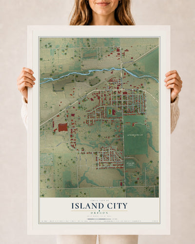 Map of Island City, Oregon, 24 x 36 inch print in a white wood frame