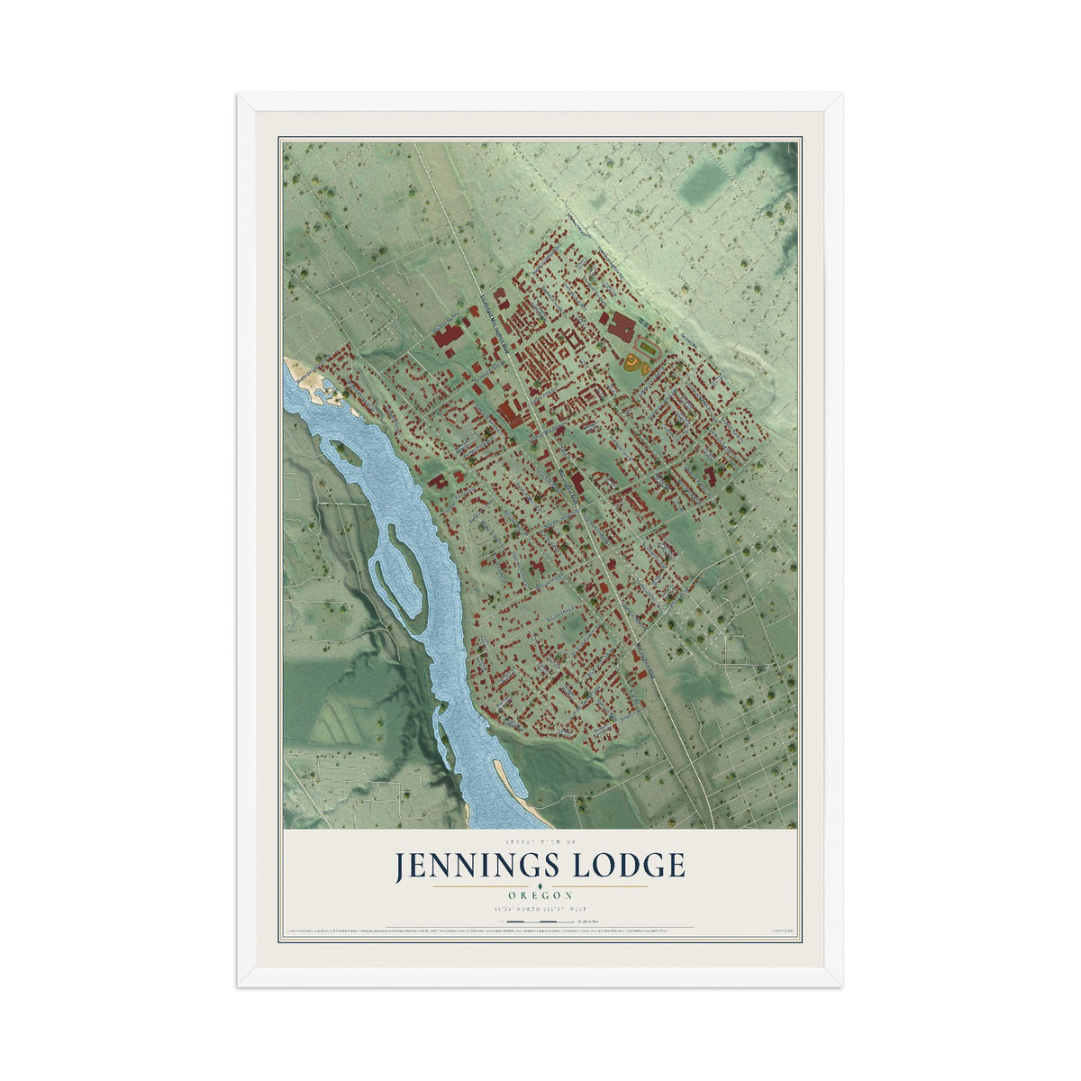 Map of Jennings Lodge, Oregon, 12 x 18 inch print in a white wood frame