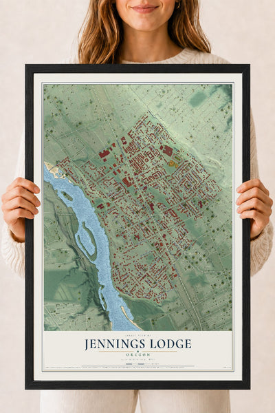 Map of Jennings Lodge, Oregon, 18 x 24 inch print in a black wood frame
