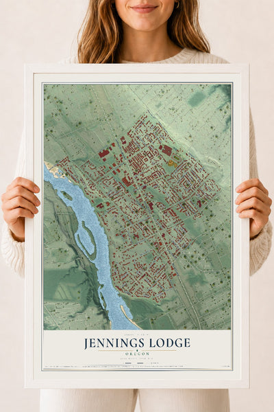 Map of Jennings Lodge, Oregon, 18 x 24 inch print in a white wood frame