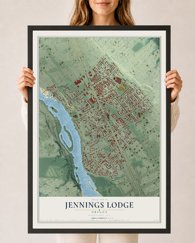 Map of Jennings Lodge, Oregon, 24 x 36 inch print in a black wood frame
