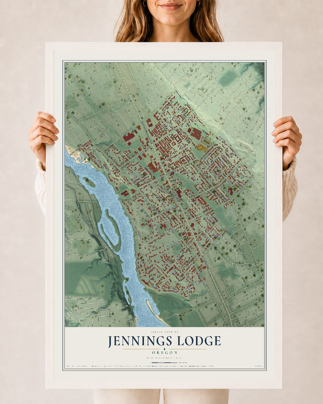 Map of Jennings Lodge, Oregon, 24 x 36 inch print in a white wood frame