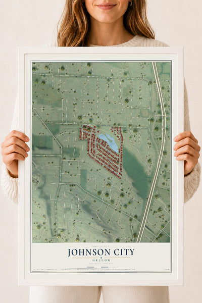 Map of Johnson City, Oregon, 18 x 24 inch print in a white wood frame