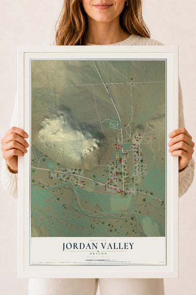 Map of Jordan Valley, Oregon, 18 x 24 inch print in a white wood frame