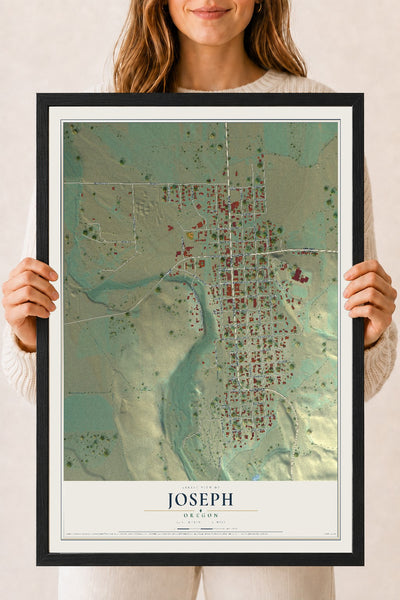 Map of Joseph, Oregon, 18 x 24 inch print in a black wood frame