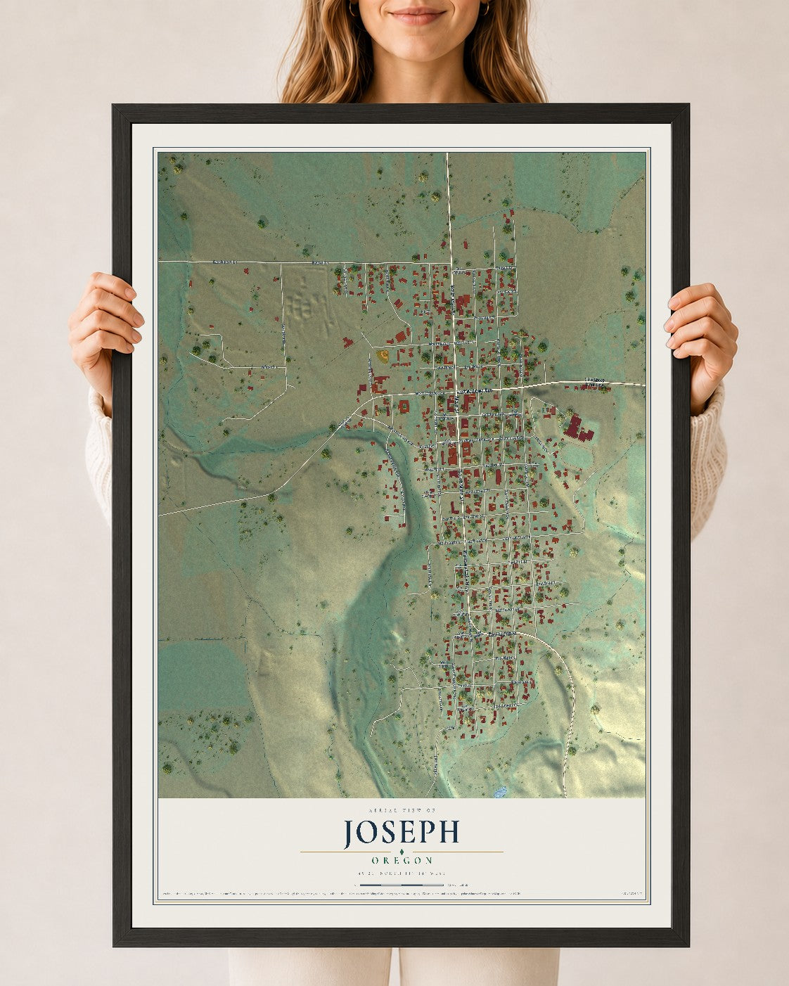 Map of Joseph, Oregon, 24 x 36 inch print in a black wood frame