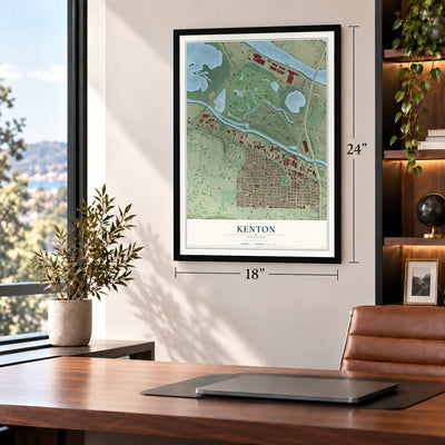 Kenton, Oregon map, 18 x 24 inch print in a black frame in a home office