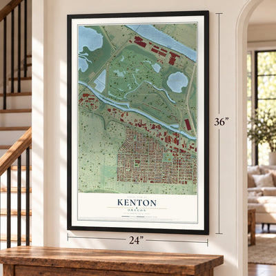 Kenton, Oregon map, 24 x 36 inch print in a black frame by a staircase