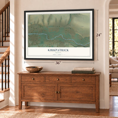 Kirkpatrick, Oregon map, 24 x 36 inch print in a black frame above a dresser by a staircase