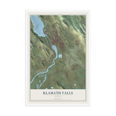 Map of Klamath Falls, Oregon, 12 x 18 inch print in a white wood frame