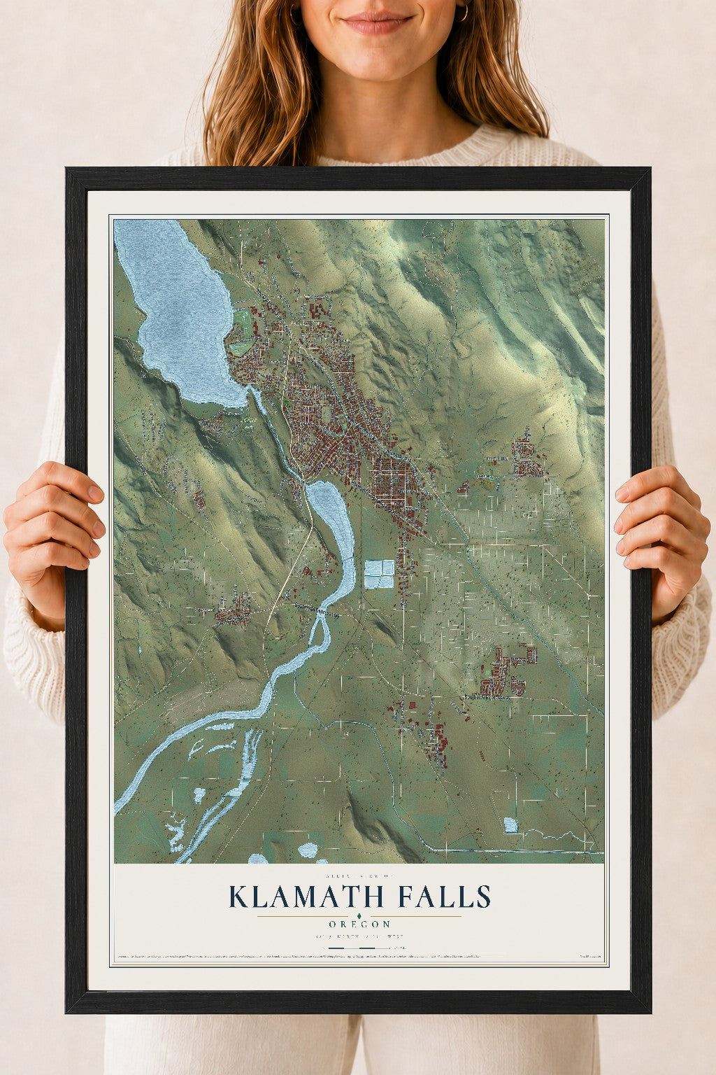 Map of Klamath Falls, Oregon, 18 x 24 inch print in a black wood frame