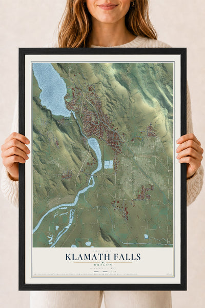 Map of Klamath Falls, Oregon, 18 x 24 inch print in a black wood frame