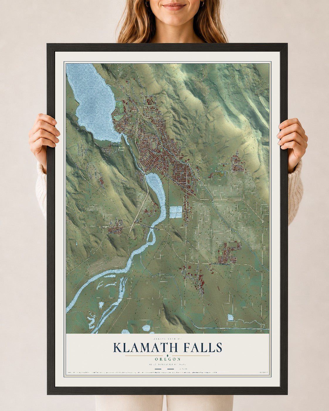 Map of Klamath Falls, Oregon, 24 x 36 inch print in a black wood frame