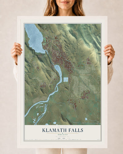 Map of Klamath Falls, Oregon, 24 x 36 inch print in a white wood frame