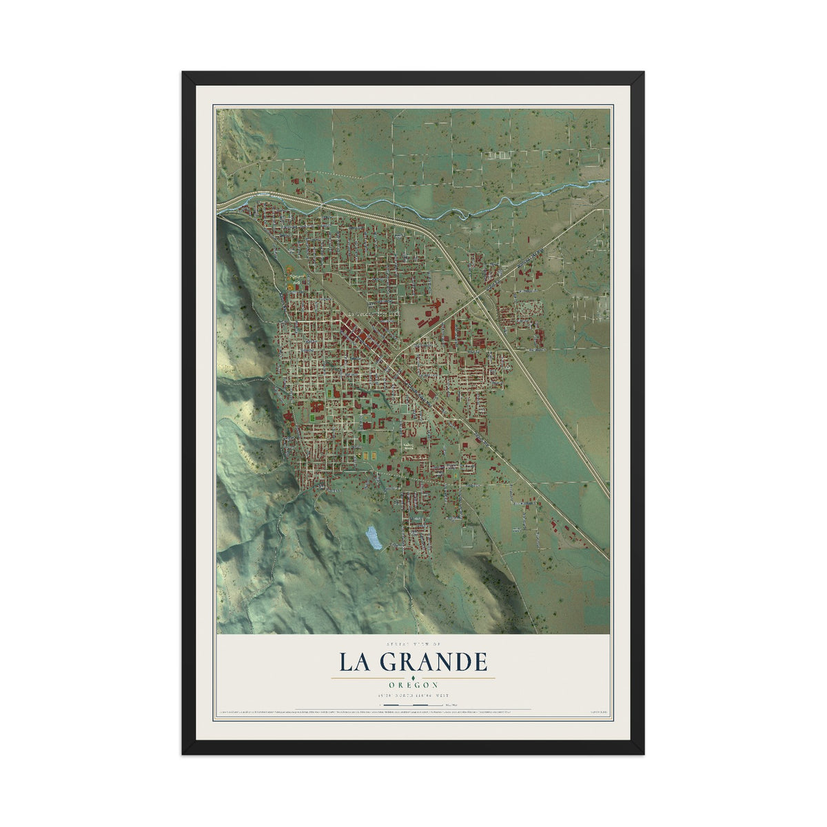 Map of La Grande, Oregon, 12 x 18 inch print in a black wood frame