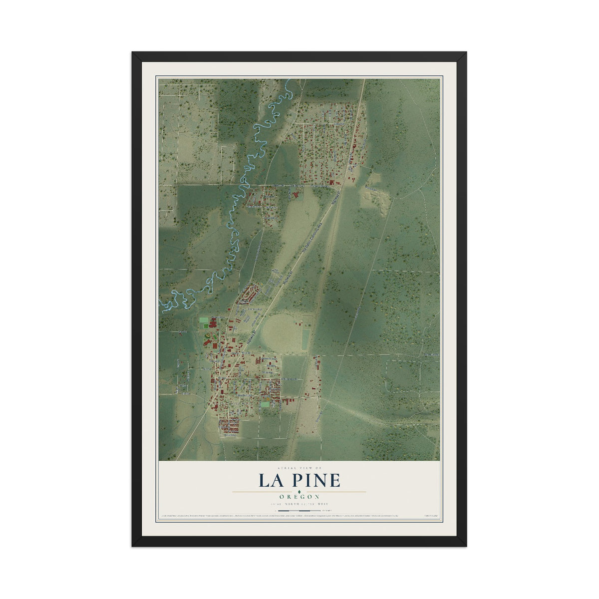 Map of La Pine, Oregon, 12 x 18 inch print in a black wood frame