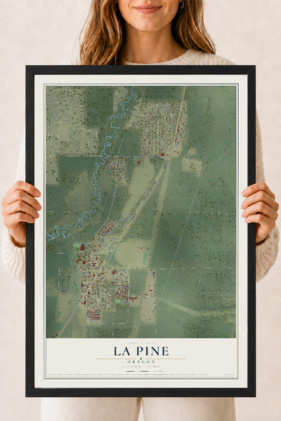 Map of La Pine, Oregon, 18 x 24 inch print in a black wood frame