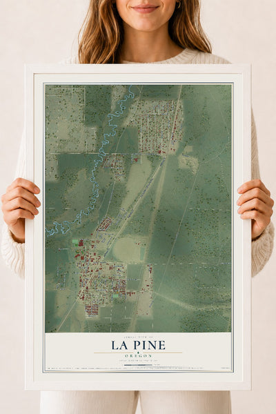 Map of La Pine, Oregon, 18 x 24 inch print in a white wood frame