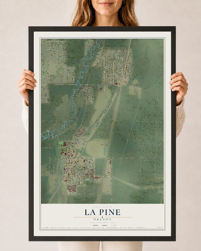 Map of La Pine, Oregon, 24 x 36 inch print in a black wood frame