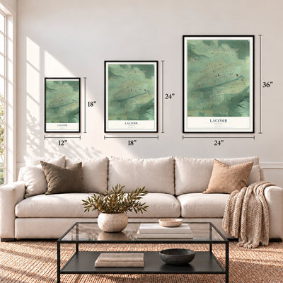 Lacomb, Oregon map in 12 x 18, 18 x 24 and 24 x 36 inch sizes above a sofa