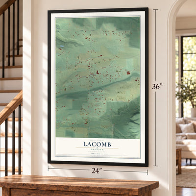 Lacomb, Oregon map, 24 x 36 inch print in a black frame by a staircase