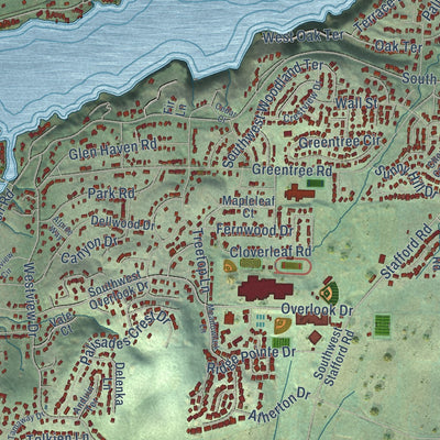 Second close-up of the map of Lake Oswego, Oregon print showing more streets and buildings