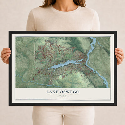 Map of Lake Oswego, Oregon, 12 x 18 inch print in a black wood frame