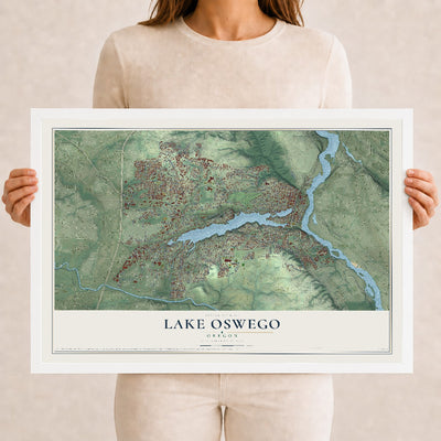 Map of Lake Oswego, Oregon, 12 x 18 inch print in a white wood frame
