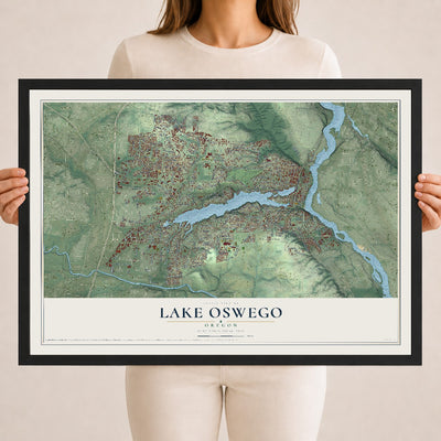 Map of Lake Oswego, Oregon, 18 x 24 inch print in a black wood frame
