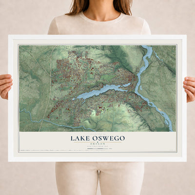 Map of Lake Oswego, Oregon, 18 x 24 inch print in a white wood frame